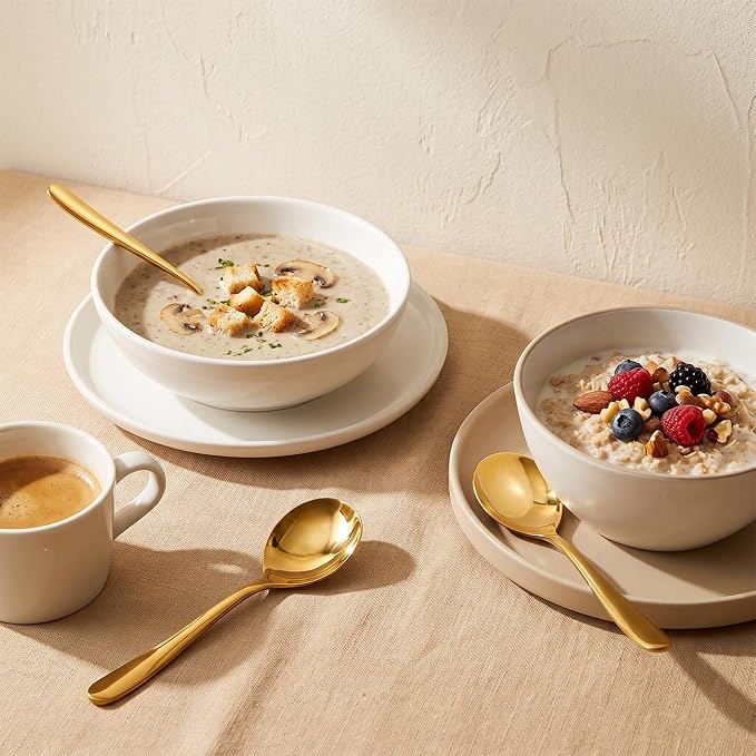 3PCS Gold Soup Spoons, 8.07 Inch Large Stainless Steel Spoons, 304 Stainless Steel Mirror Polished Dessert Spoons, Heavy Duty Metal Table Spoons for Soup, Cereal, Ice Cream, Dining & Kitchen Use