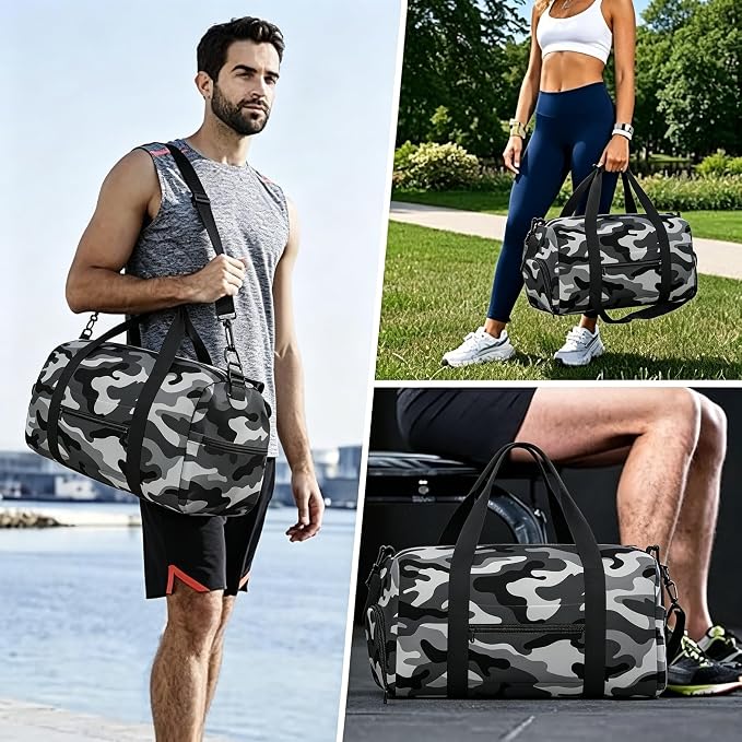 Fiokroo Sports Gym Bag Camouflage Grey Travel Duffel Bag For Men Women With Shoe Compartment Water Resistant Gym Bag Carry On Duffel Bag For Weekend Traveling Yoga Gym Sports