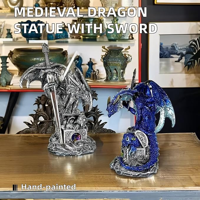 Dragon Statue Holding Silver Draconian Sword Letter Opener Figurine Dragon Sculpture Medieval Fantasy Home Office Decor 7.68 Inches (Blue)