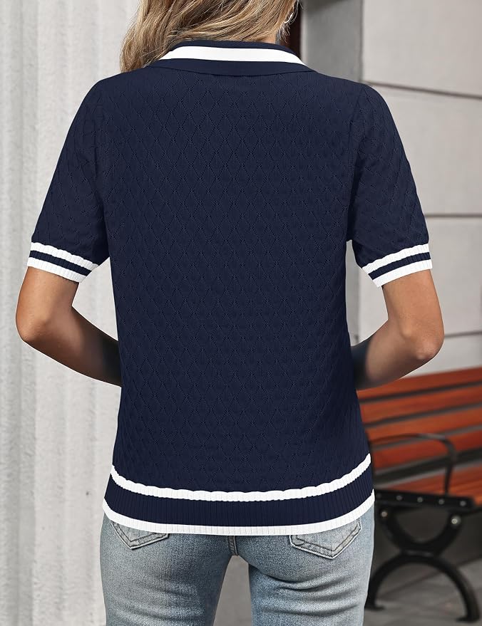 Rapbin Womens Short Sleeve Knit Polo Shirts Summer Spring Sweater Tops | Classic V Neck Collared Shirts Lightweight Business Casual Basic Fashion Pullover Polo Sweater for Work Formal Daily Wear