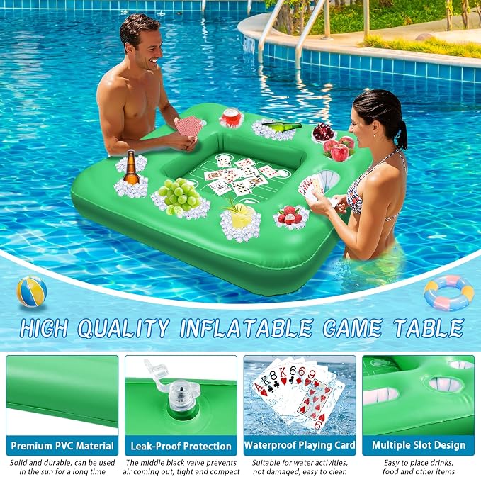 Floating Table for Pool Game, 40 x 40 in Floating Card Table for Pool with Food Drink Holders and Waterproof Playing Cards, Inflatable Floating Pool Table for Adults and Family Party (Green)