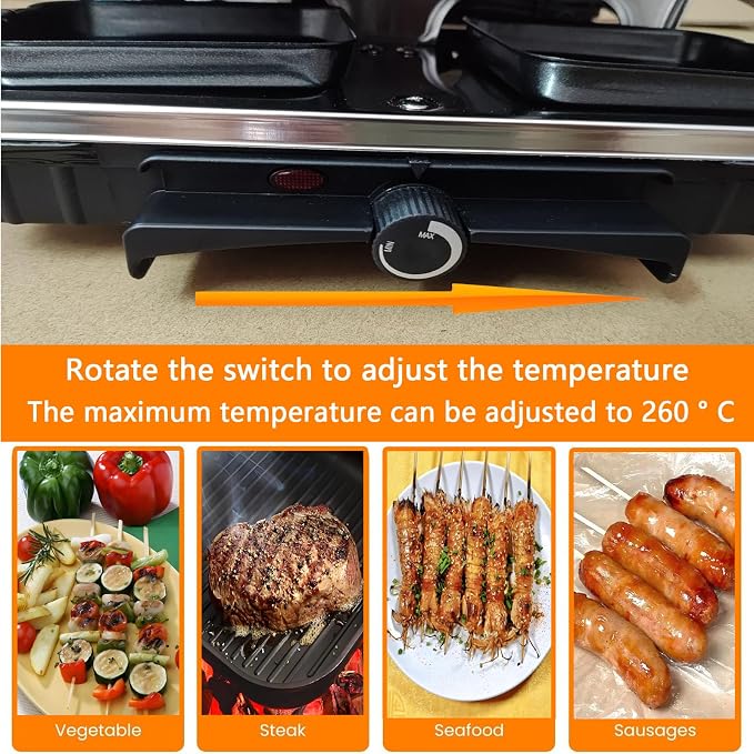 Raclette Table Grill, Electric Korean BBQ Grill, 2-in-1 Nonstick Electric Griddle with 8 Raclette Cheese Pans, Adjustable Temperature Control, 1300W, Ideal for Family and Party Fun