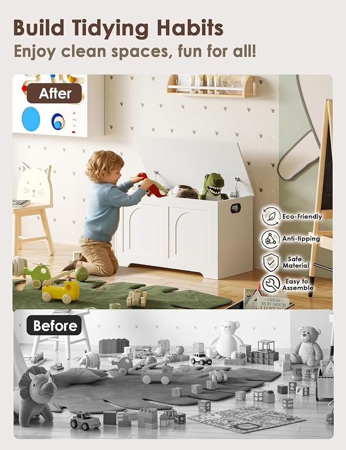 Storage Chest, Wooden Toy Box, White 31.5" L | Entryway Shoe Bench, 2 Soft-close Hinges, Finger-safe Flip-Top Lid, Easy Assembly, Farmhouse Large Trunk, Living Room/Bedroom
