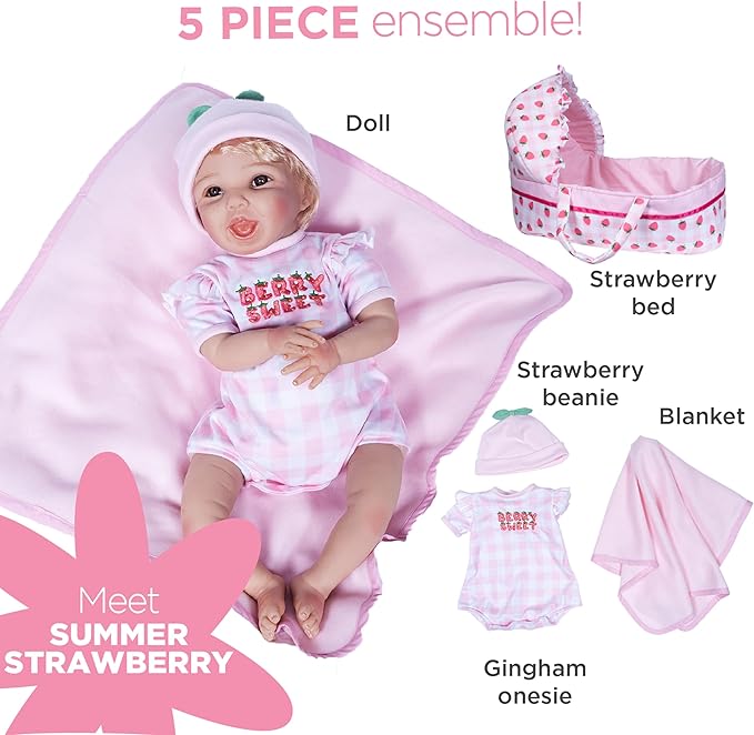 Paradise Galleries 20 Inch Realistic Reborn Blonde Baby Girl Doll with Strawberry Gingham Outfit and Blanket Accessories Collectible Gift Set – Summer Strawberry
