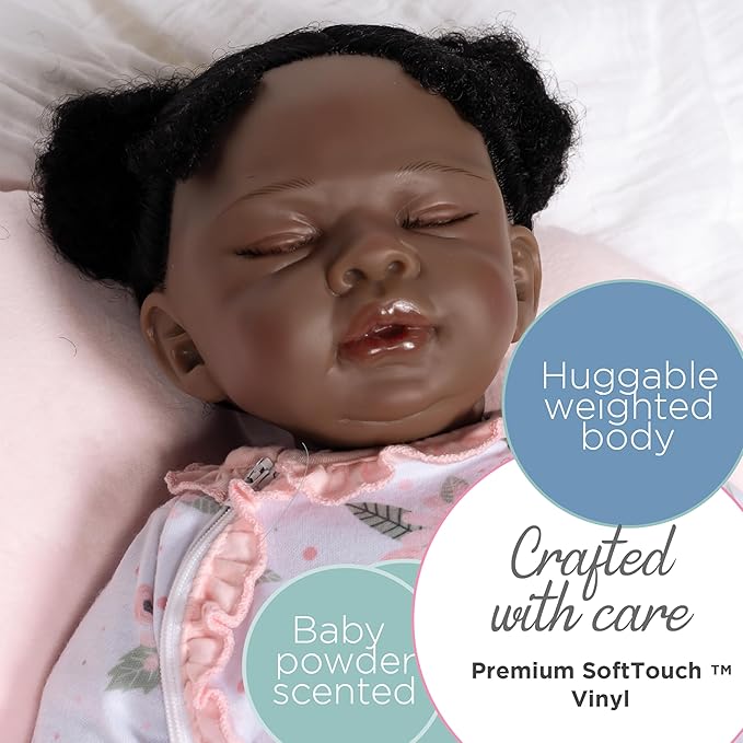 Paradise Galleries 18 Inch African American Realistic Reborn Baby Girl Doll Sleeping in Onesie with Flower Pillow Accessories Collectible Gift Set – Daisy Dreamer