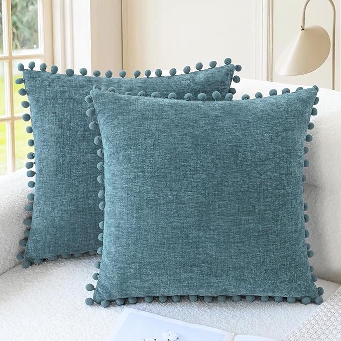CaliTime Decorative Couch Throw Pillow Covers 20 X 20 Inches Smoke Blue | Pack of 2, Cozy Chenille Cushion Cases, with Pom Poms for Sofa Bed Living Room Farmhouse Home