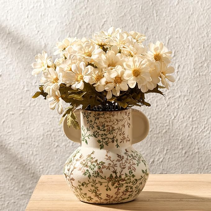 Emotionally Grounded Vase, Vaseking Ceramic Rustic Vase with Handle, 5.63 inch Pastoral Decorative Farmhouse Vases for Home Decor, Living Room, Enterway, Table Decoration, Green and Beige