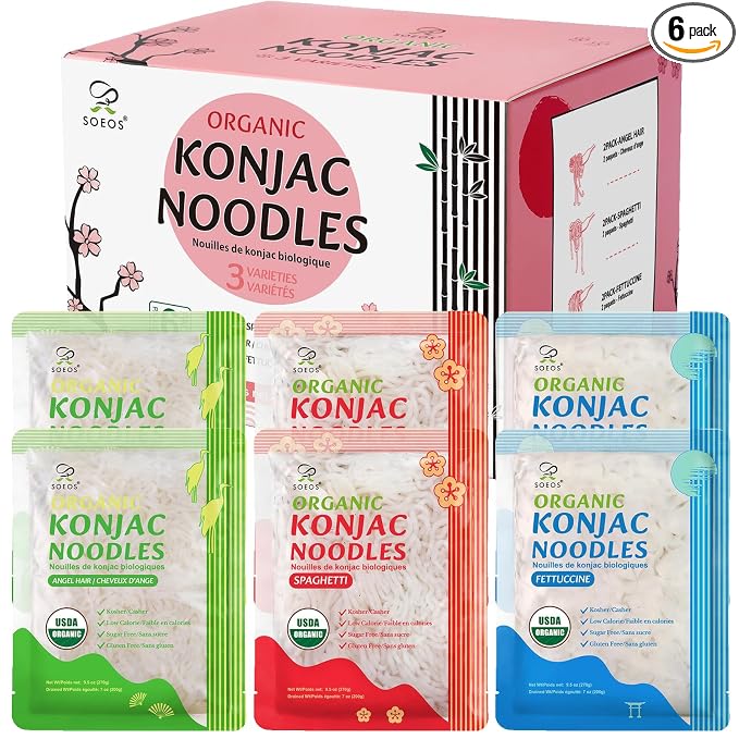 Soeos Organic Konjac Noodles, Shirataki Noodle, 9.5 oz*6 Packs, 3 Variety Noodles, Fettuccine, Angel Hair, Spaghetti, Low Calorie, Low Carb, Keto and Paleo Friendly, Total 57 Ounce
