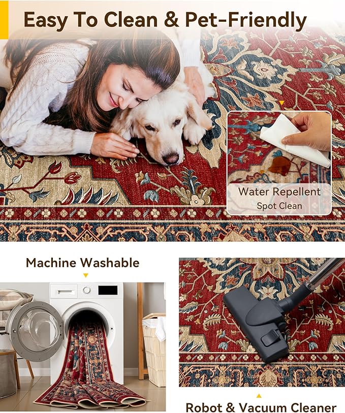 RELEANY Area Rugs 8'x10' Washable Non-Slip, Floral Vintage Distress Medallion Carpet for Living Room Bedroom Dining Room, Red Blue
