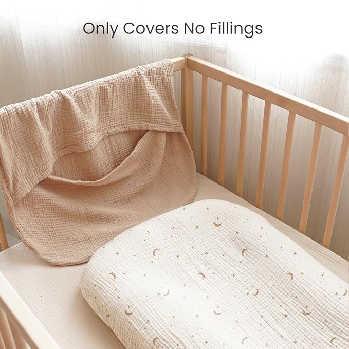 Konssy Muslin Baby Lounger Cover 2 Pack, 100% Cotton Newborn Lounger Cover, Soft and Breathable Baby Nest Slipcover for Boys Girls (Wheat,Moon)
