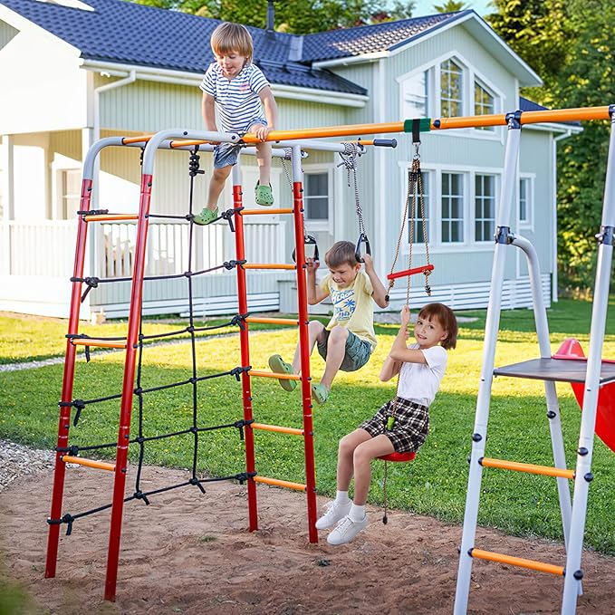 AGPTEK Disc Swing with Monkey Bars, Tree Swing Set Accessories Rope Disk Swing Seat with Carabiner and 22in Hanging Strap Heavy Duty Swingset for Zipline Outdoor Playground, Jungle & Gym (Red)