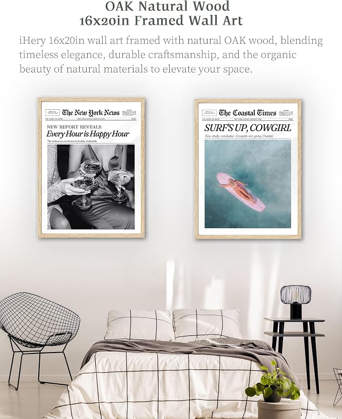iHery 16x20in Every Hour Is Happy Hour Framed Newspaper Wall Art | Natural OAK Wood Frame with Canvas Print, Retro Editorial Decor for Bedroom, Girl Dorm, Living Room and Gallery Wall, 1Pack