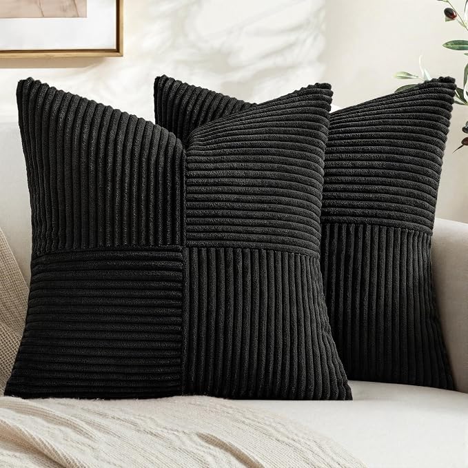 MIULEE Black Decorative Throw Pillow Covers for Couch 18x18 Inch | 2 Pack, Boho Farmhouse Pillow Covers, Soft Cross Corduroy Patchwork Textured Cushion Cases For Bed Sofa
