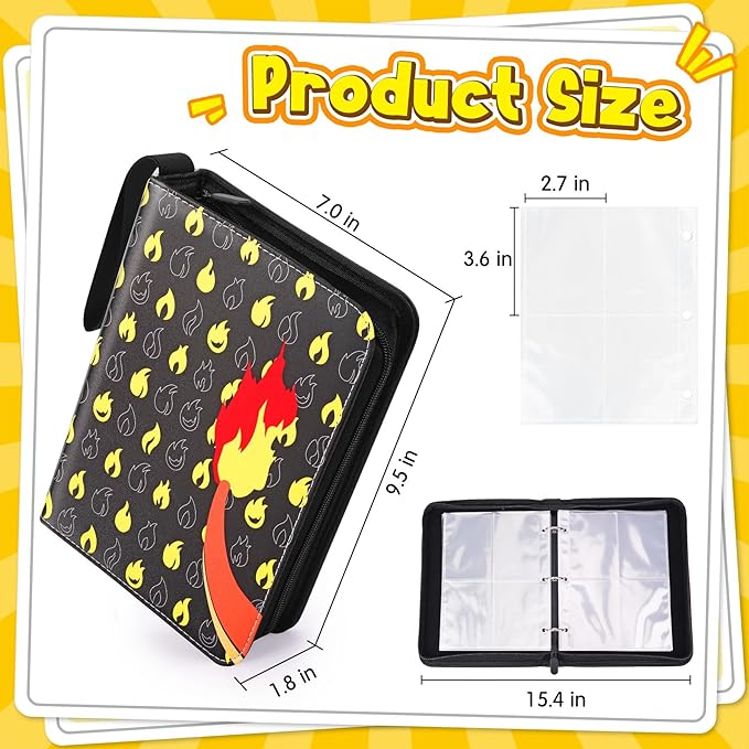 Card Binder – 4 Pocket Zipper Collection Album, Premium PU Holder, Double-Sided Display for 400 Cards, Includes 5 Hard Plastic Sleeves for Game Cards, Sports Cards(Fire)