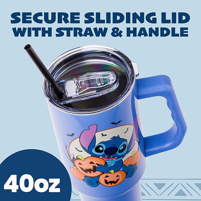 Silver Buffalo Disney Lilo and Stitch Halloween Spooky Pumpkin Jack-O-Lantern Double Walled Stainless Steel Tumbler with Handle and Straw, Fits in Standard Cup Holder, 40 Ounces