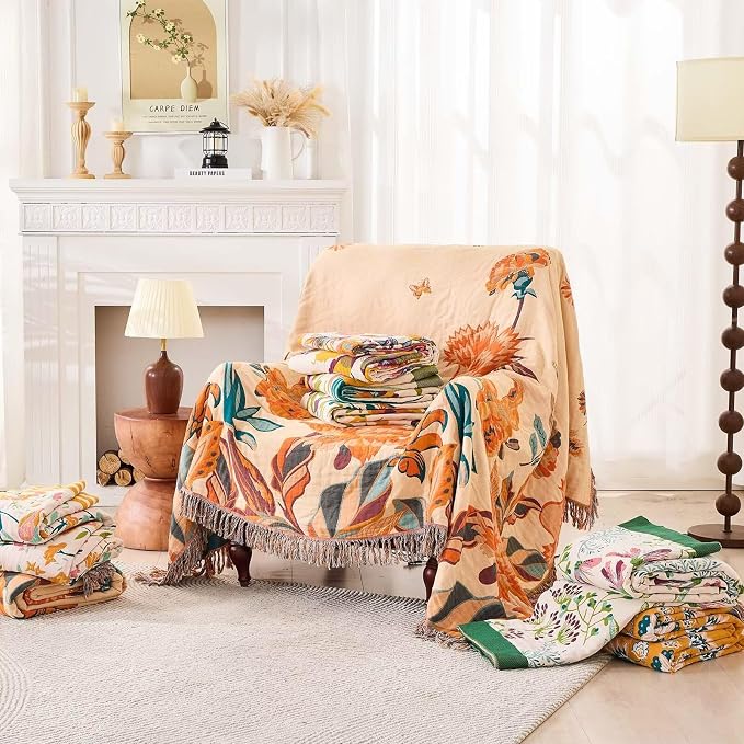 XIBLC Boho Throw Blanket for Bed, 100% Cotton Soft Rustic Quilt Fall Blanket, 50"x60" Colorful Floral Printed Farmhouse Decor Bed Blankets, All Season Rustic Reversible Bohemian Throw Quilt