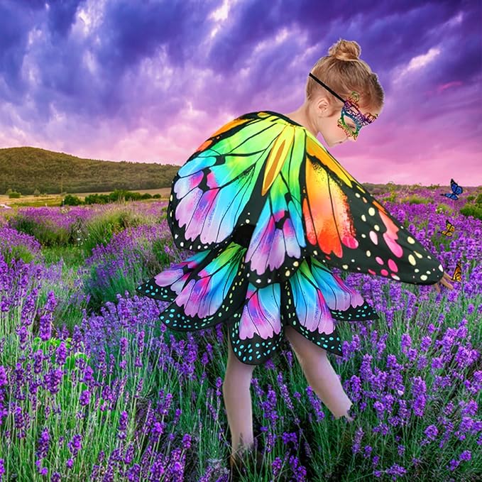 Kids Butterfly Wings Costume for Girls Fairy-Wings Mask Party Favors Gifts (Rainbow+Skirt Sets)