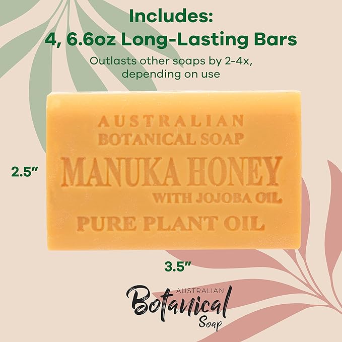 Australian Botanical Soap Manuka Honey with Jojoba Oil – Triple Milled 6.6 oz Bar Soap with Shea Butter, Face Hand & Body Soap Bars, Pack of 4