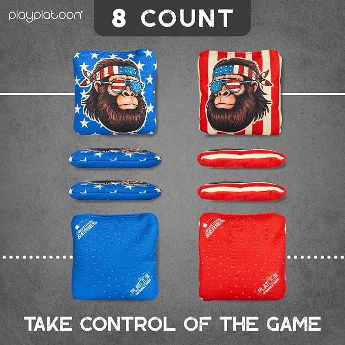 Play Platoon Competition Series Cornhole Bags Set of 8 Regulation Professional Weight Double Sided Slick and Stick with Rubber Sticky Dot Slow Side for Pro Corn Hole Bean Bag Toss Game-Designed in USA