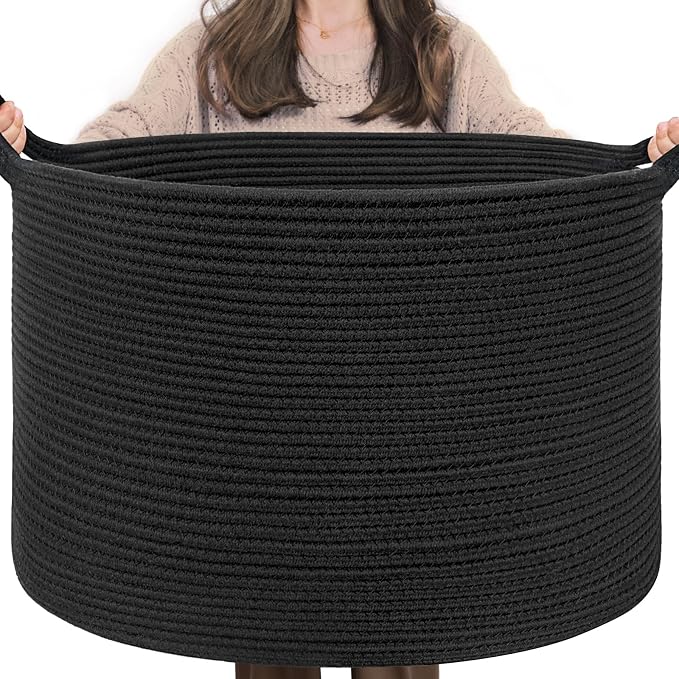 INDRESSME XXXLarge Woven Rope Blanket Basket Living Room Black, 90L | 21.7" x 13.8" Storage baskets for toys laundry & pillows. Fits living room, bedroom or nursery décor. Soft-touch with handles