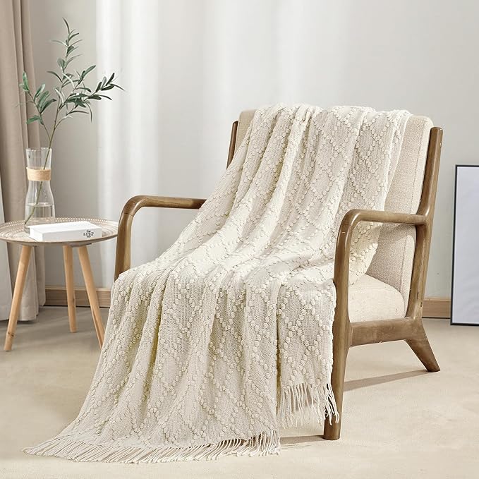 BOURINA Beige Throw Blanket 50 x70 Inch Jacquard Throw Knitted Blanket | Jacquard Argyle Throw Textured Solid Soft Throws and Blankets for Sofa or Bed Knitted Decorative Blanket