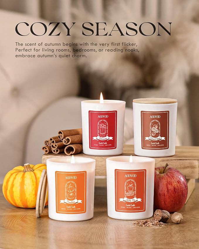AOOVOO Fall Candles Set for Women - Aromatherapy Candle with Crystals Inside, 28 oz 200 Hour Long Lasting, 4 Pack Candles for Home Scented, Autumn Fragrance of Apple Pie/Cinnamon/Pumpkin/Nutmeg Beans