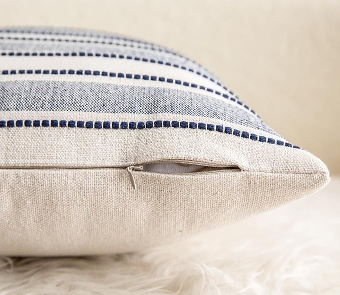Cethom Decorative Boho Throw Pillow Covers, Farmhouse Textured Pillow Case, 18 x 18 Inch Set of 2, Chair Sofa Bedroom Living Room Decor Couch Cushion Case, Navy Blue and Beige Striped
