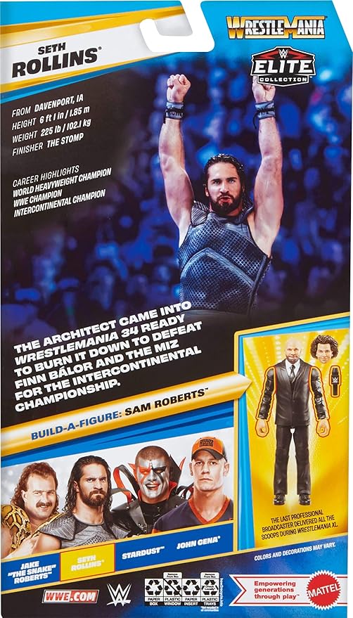 Mattel WWE Elite Collection Action Figure & Accessories, Premium Live Event Seth Rollins Set, Survivor Series with Sam Roberts Build-A-Figure Parts