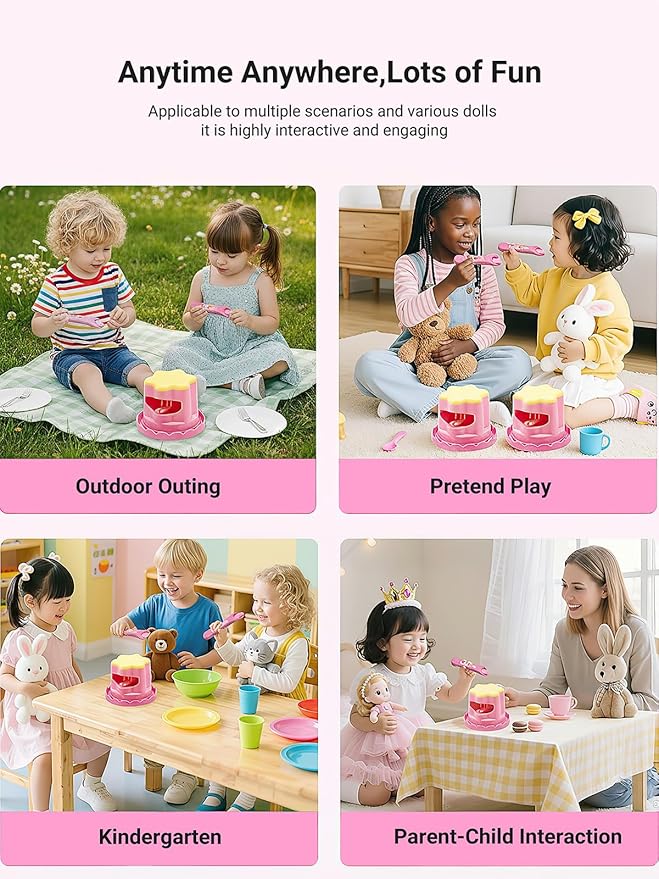 Pretend Play Pudding Feeding Toy for Dolls,Stuffed Animals Figurines,Automatic Feeding Toy with Spoon,Perfect for Doll Role Play Ideal Birthday for 3-6 Year Old Girls