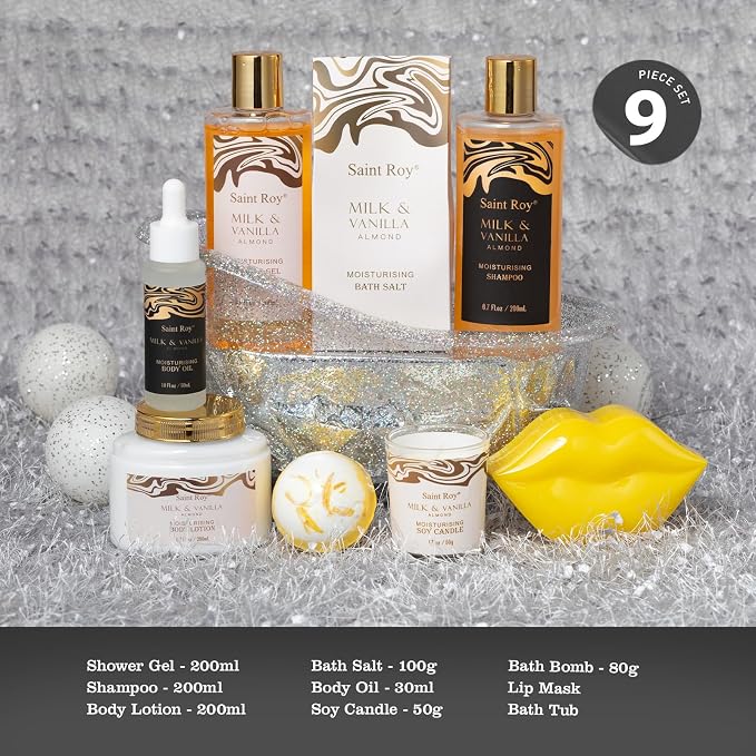 Saint Roy for Men & Dad Bath and Body Almond Milk Vanilla Spa Gifts for Women, Bath Gift Set Shower Gel, Scent Lotion, Bath Bomb Spa Gift Basket, Bath Care Set Birthday Holiday Home Spa Gifts | Almond Milk Vanilla Spa Gifts for Women, Bath Gift Set Chr...