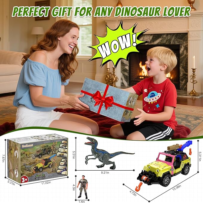 EKU Dinosaur Tow Truck with 10 Sounds, Launcher, Human, Chomping Velociraptor Figure, Push and Go Adventure Vehicle for Jurassic World Toys Pretend Play Gifts for Kids Boys Girls 3+