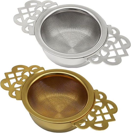 2 Pcs Tea Strainer Bowl, Stainless Steel Loose Leaf Tea Filter for Easy Brewing and Cleaning, Design Fits Most Standard Cups (Gold, Silver)