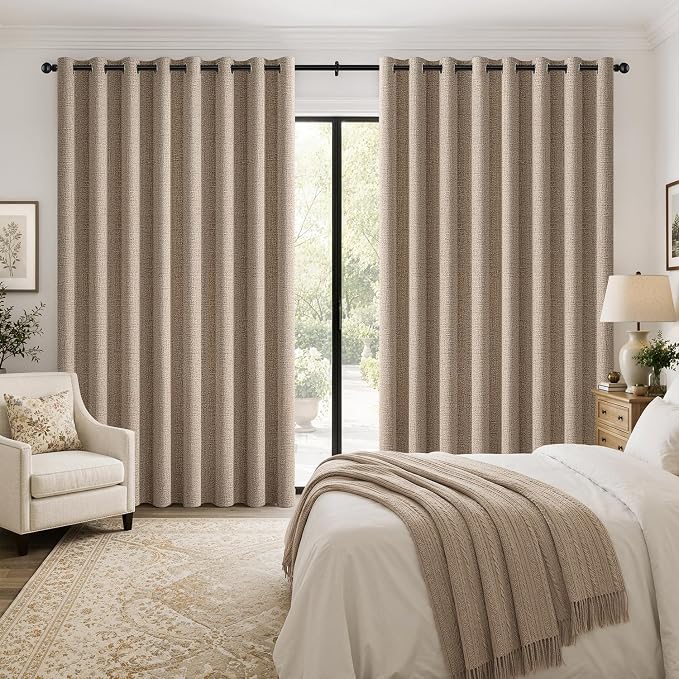 MIULEE Extra Wide 100% Blackout Curtains for Sliding Glass Doors Linen Textured W100 x L96 inch Panel Copper Brown Thermal Insulated Grommet Room Darkening Drapes for Patio, 1 Panel Set