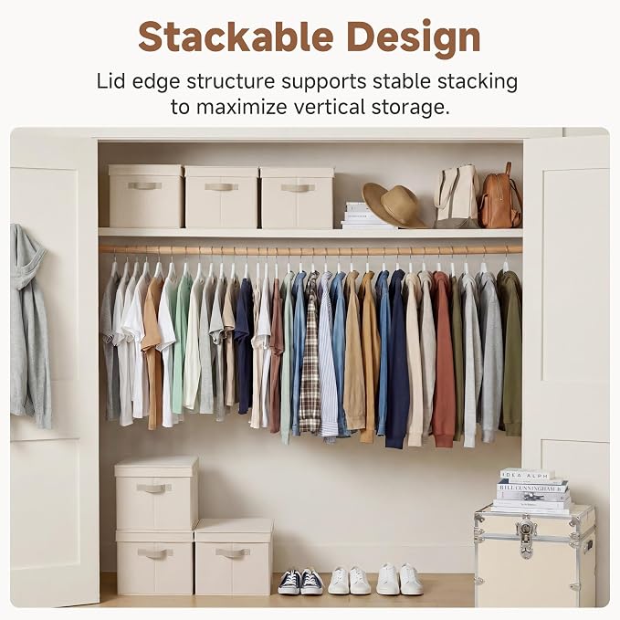 StorageWorks Fabric Storage Bins with Lids, Closet Storage Bins | Lidded Dust-proof, Easy Pull Handles, Foldable, Stackable, Ideal for Clothes Blanket Towel, Jumbo, Cream White, 3-Pack