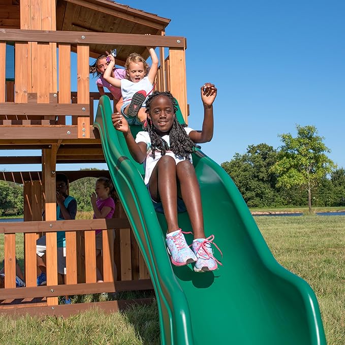 Backyard Discovery Woodridge Elite Cedar Wood Swing Set with Wave Slide, Clubhouse, Crawl Tunnel, Crow's Nest, Belt Swings, Trapeze, Rock Wall Ladder, Sandbox, Wrap-Around Porch, Deck, Outdoor Playset