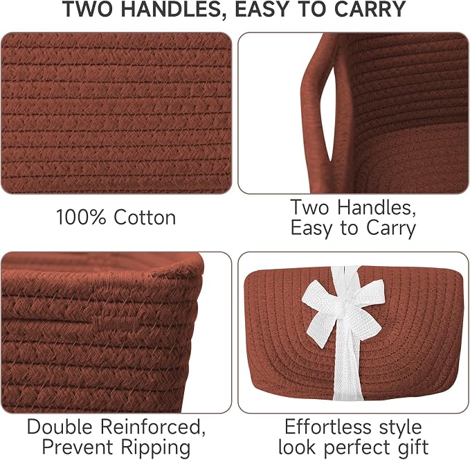 3 Pack Small Storage Baskets for Organizing, 11.8×7.8×5.1", Oxide Red | Woven Baskets for shelves, Cotton Rope Basket for Gifts Empty, Closet Organizer Bins with Handles, Cube Decorative Box