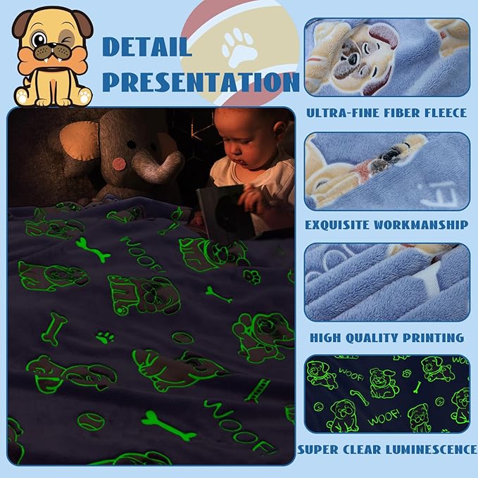 ORDM Glow in The Dark Blanket Dog Pattern Blankets Pug Gifts for Pug Lovers Doggy Throw Blanket Fleece for Kids Adults
