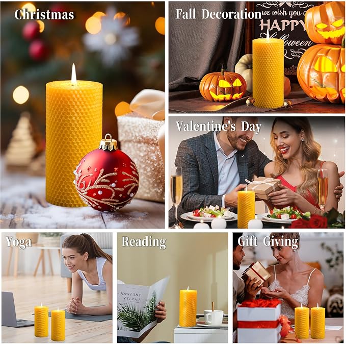 2 Pack Beeswax Pillar Candles, 90 Hours 2.8x6 Inch Hand-Rolled Large Beeswax Pillar Candles, Handcrafted Honeycomb Bees Wax for Home, Candle Lovers (2.8x6 in)
