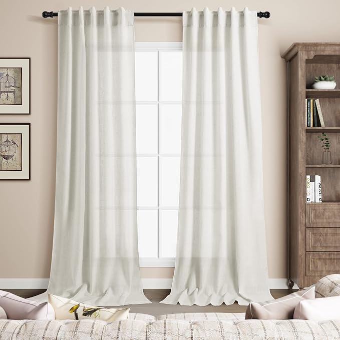 Nanspring 2 Panels Set Cream Linen Curtains 108 inches Long for Living Room Extra Back Tab Neutral Farmhouse Light Filtering Semi Sheer Drapes Ceiling to Floor Ivory 9 FT 38 Wide