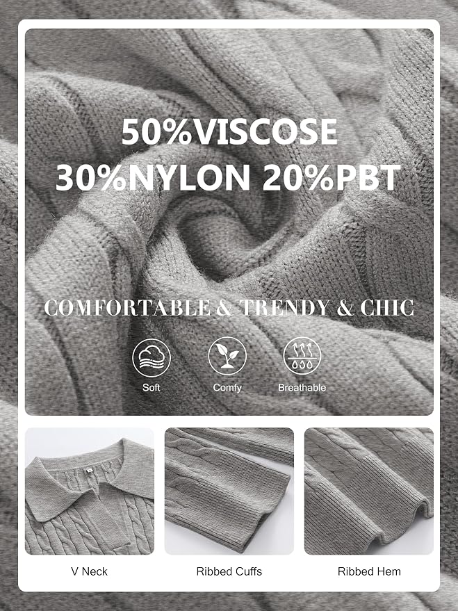 ANRABESS Womens Cable Knit Sweaters Long Sleeve V Neck | Pullover Collared Sweater Tops, Polo Knit Shirts, Business Casual Work, Tennis Golf, Fall Winter Fashion Outfits