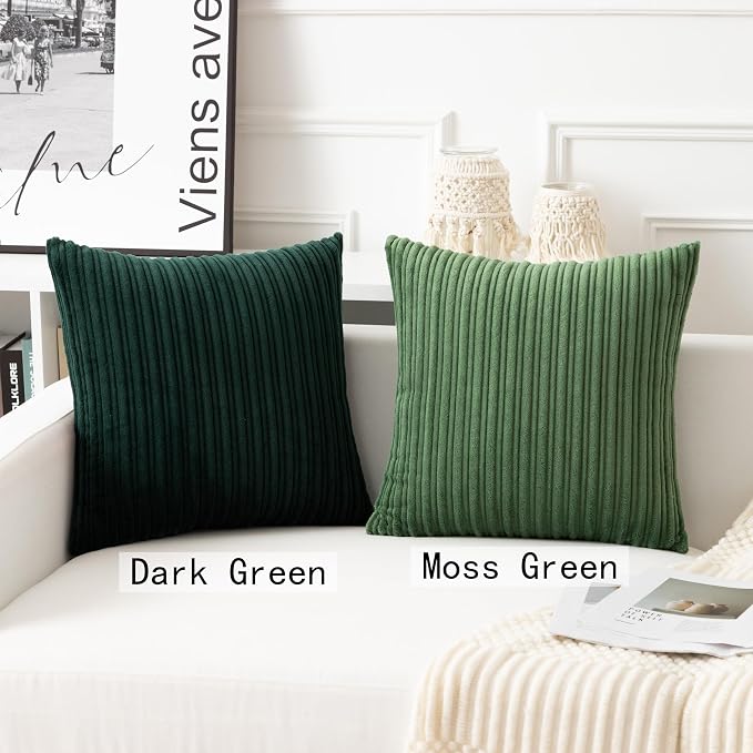 UGASA Velvet 12x20 Inch Lumbar Soft Throw Pillow Covers Decorative Corduroy Striped Both Sides Solid Rectangular Cushion Cases Boho Farmhouse for Couch Bedroom Sofa Home, Pack of 2, Moss Green