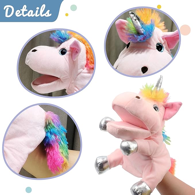 Hopearl Plush Unicorn Hand Puppet with Open Movable Mouth for Imaginative Play, Role Play, Interactive Toy for Storytelling Teaching Puppet Theater, Birthday Gift for Kids Girls, Pink, 12''