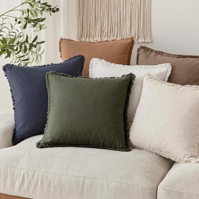 Foindtower Set of 2 Decorative Linen Fringe Throw Pillow Covers Farmhouse Cushion Cover with Tassels Accent Pillowcase for Couch Bed Sofa Living Room Home Bedroom Decor,12×24 Inch,Dark Olive Green