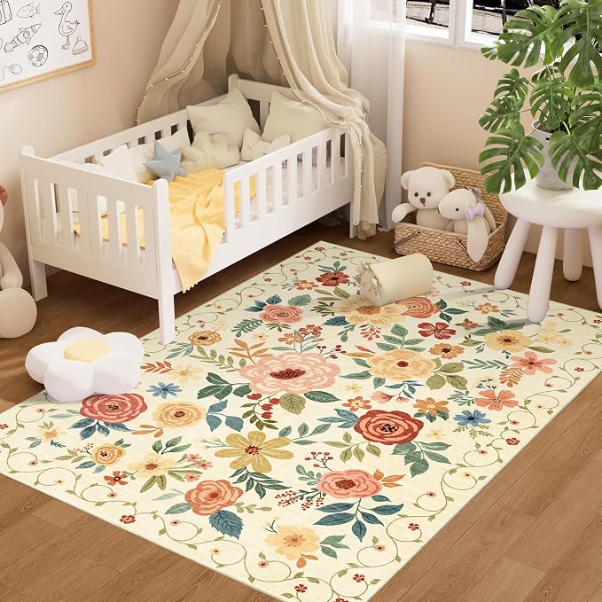 DUKINO 3x5 Area Rug, Floral Washable Rug for Bedroom Non Slip, Beige Yellow | Soft, Stain Resistant Low Pile Indoor Rug for Entryway, Bedroom, Bathroom, Living Room, Pet Friendly, Home Decor, Lightweight