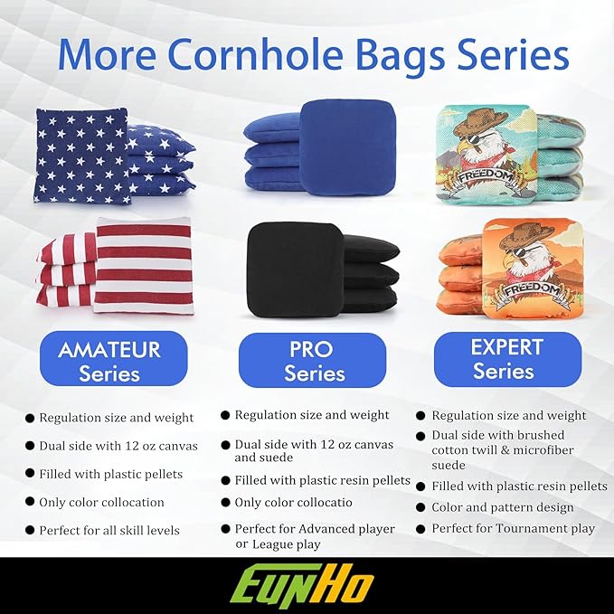 EunHo Regulation Cornhole Bags Set of 8 - Dual Sided Slick and Stick Cornhole Bean Bags for Tossing Game Professional All Weather Pro Corn Hole Bags with Tote Bag