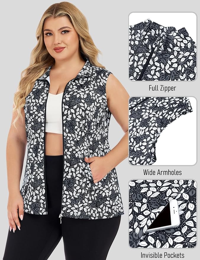 Misyula Style Plus Size Womens Golf Shirt Full-Zip with Pockets Tank Tops | Sleeveless, Quick Dry, Moisture-wicking, Lightweight Vests, Athletic, Tennis, Running, Workout, Casual, Travel, Work