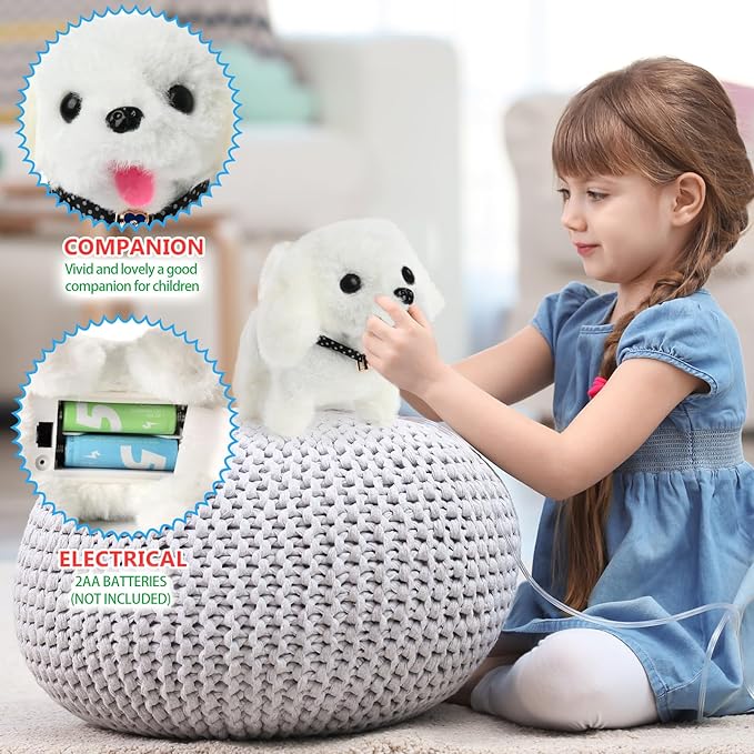 Electronic Interactive Plush Puppy - Battery Operated Mechanical Walking Little Pet Dog with a Cute Bag, Barking, Tail Wagging, Stretching Companion Animal for Toddlers & Kids (White)