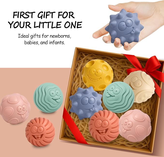 Sensory Balls for Baby, 6PCS Soft Textured Balls for 6-12M | Smiling Faces, Colorful Infant Ball Toys, Tummy Time, Learning & Travel, Montessori Gift for Baby Boys & Girls
