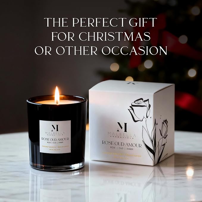 Candle & Warmer Set – 8.5 oz Coconut Blend Luxury Candle + Hand Blown Glass Lamp Warmer | Flameless Aromatherapy | Modern Self-Care Gift Set (Gold, Rose Oud)