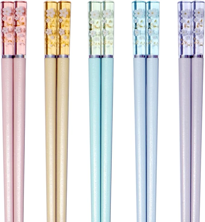 5 Pairs Amber Cherry Blossom Pattern Decoration Multicolor Fiberglass Chopsticks Japanese Korean Chopsticks Reusable Dishwasher Safe Yellow Pink Blue Green Purple